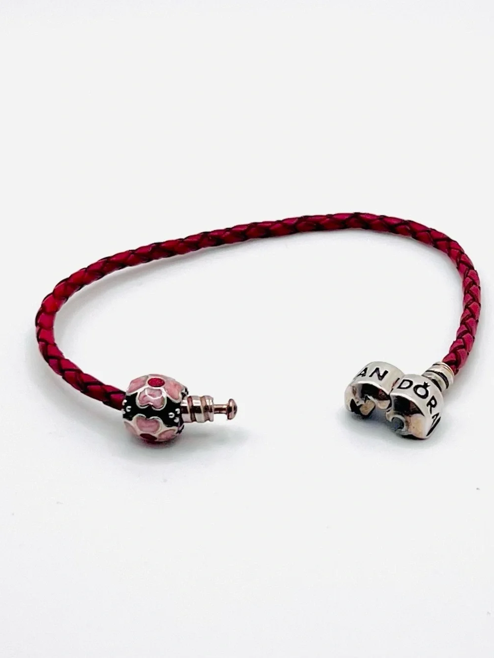 Pandora Moments Dark Pink Burgundy Braided Leather Bracelet w/Flower Bead